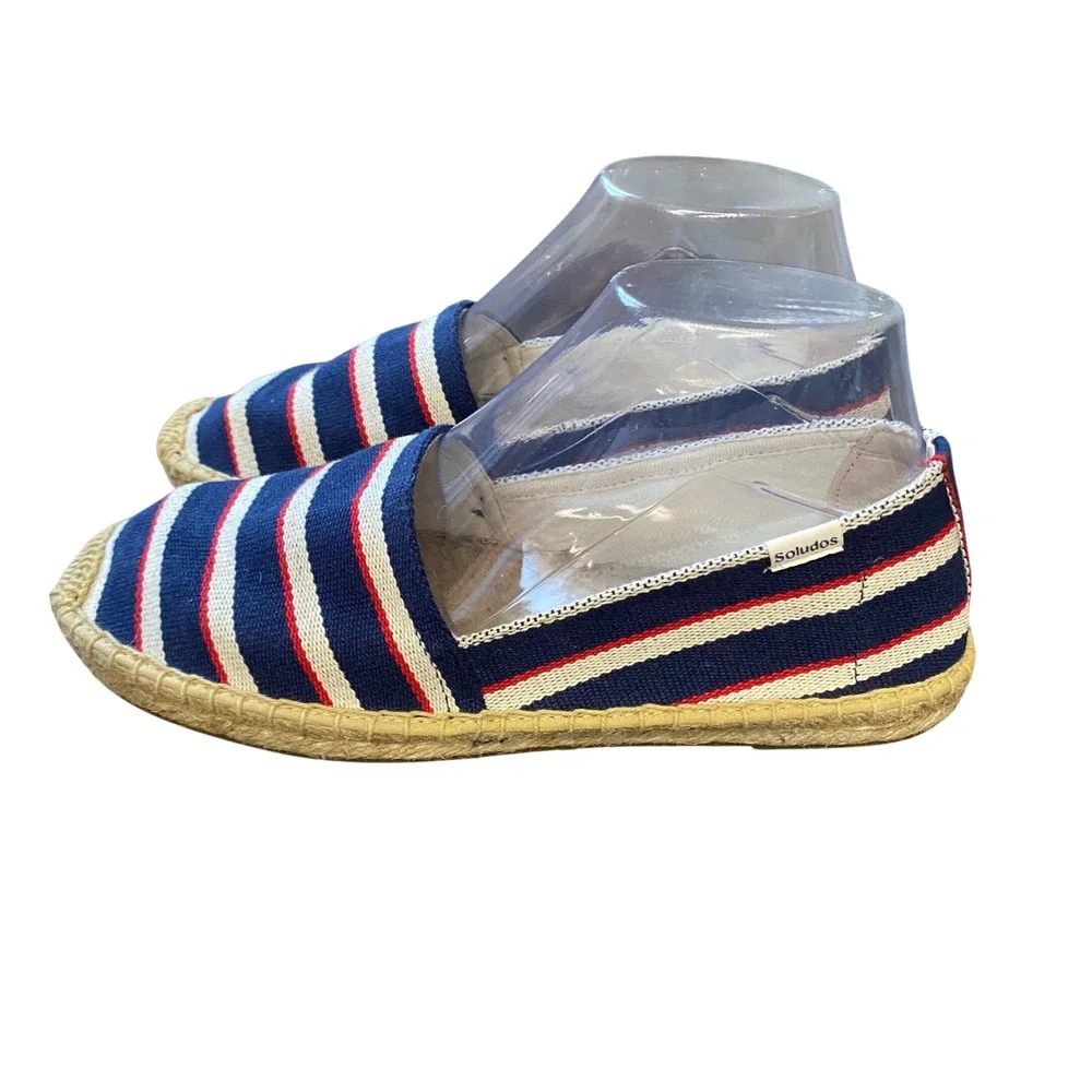 Soludos Womens Nautical Striped Canvas Espadrille‎ Flats Navy Blue Red White 8